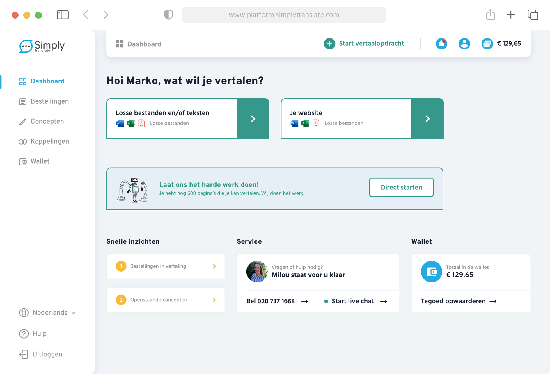 dashboard van het vertaalplatform Simply Translate